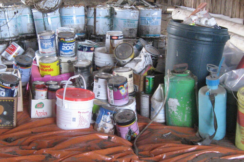 Household chemicals and paints collected prior to demolition of a house